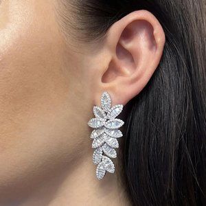 4.84Cttw Baguette & Round Diamond Leaf Statement Drop Earrings 18K White Gold